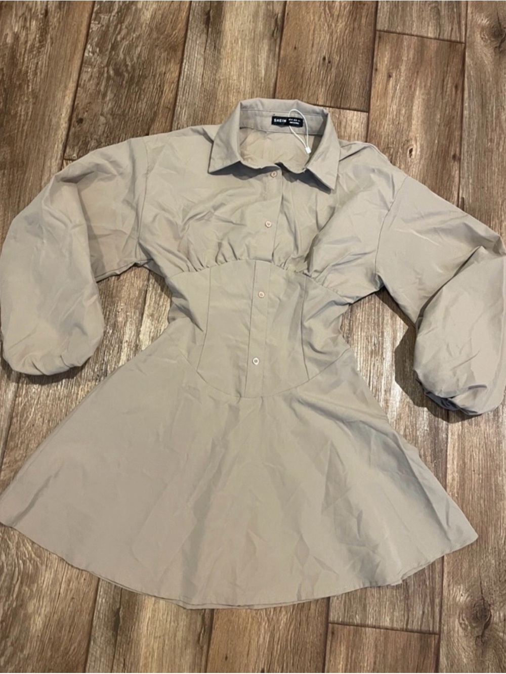 SHEIN Neutral Tan Button-Front Ruched Back Shirt Dress Woman Size XS